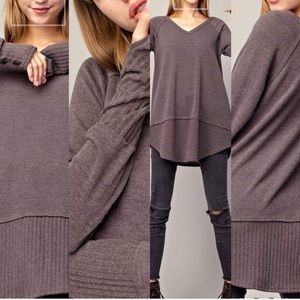 Mocha V-Neck With Ribbed Sleeves